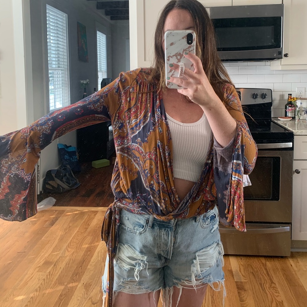 free people hippie paisley top with tie